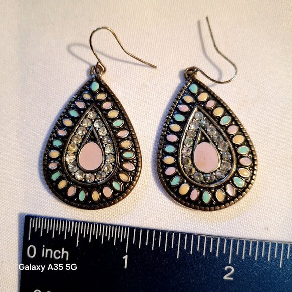 Teardrop Earrings With Pastel Stones & Rhinestones Boho Chic Design 2 Inches Met - Picture 3 of 4
